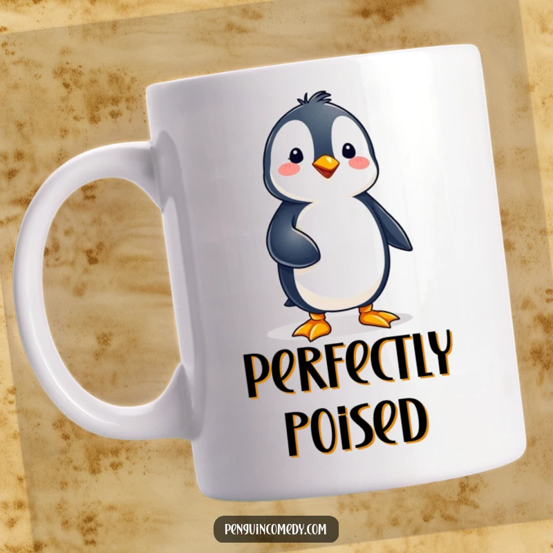 Funny penguin character demonstrating impressive balance while standing on one foot, looking composed on this ceramic mug.