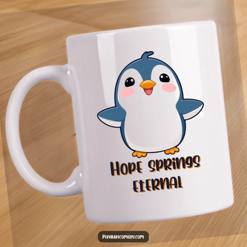Funny joyful penguin with flippers outstretched, looking upwards with a happy expression, representing pure bliss and optimism.