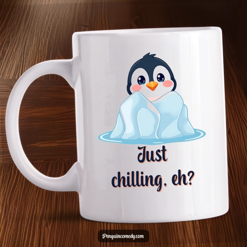 Funny mug featuring a penguin with wide, curious eyes peeking from behind a frosty iceberg, evoking a sense of playful exploration.