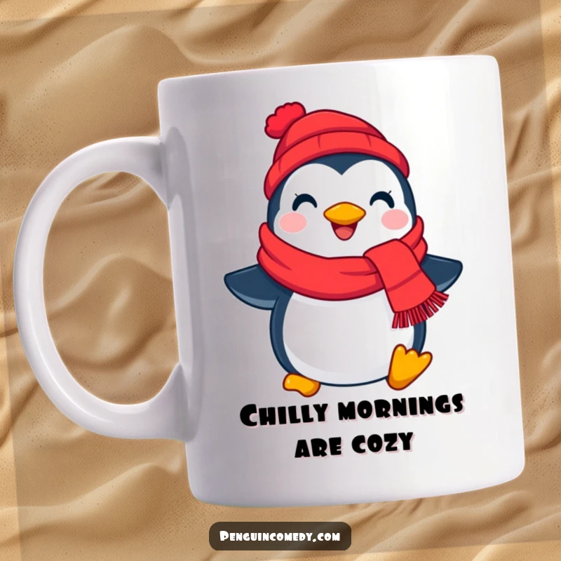 Funny cheerful penguin holding a bright red scarf, looking adorable and ready for winter, perfect for a cozy drink.