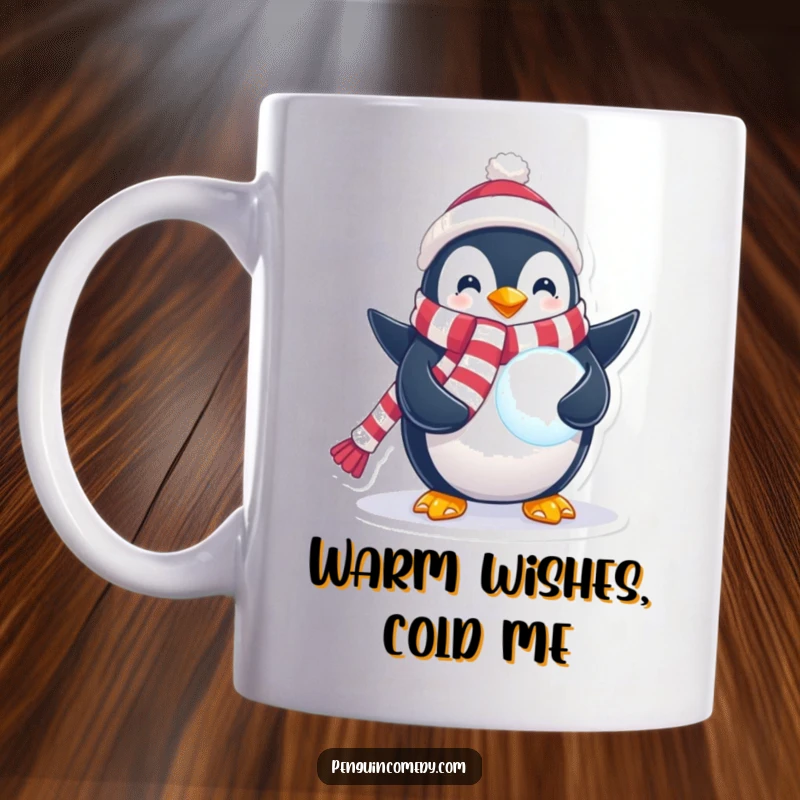 Funny Penguin Mug featuring a charming penguin wearing a festive scarf, holding a glowing snowball, radiating winter magic and cheer.