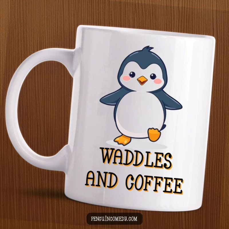 Funny penguin mug showing a cute penguin waddling with a happy stride, conveying joy and adorable movement.