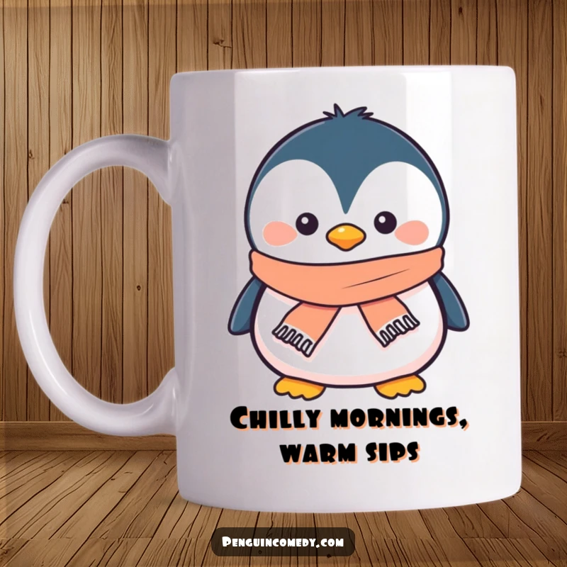 Funny penguin mug showing a smiling penguin wearing a tiny scarf, conveying warmth and friendly winter cheer.