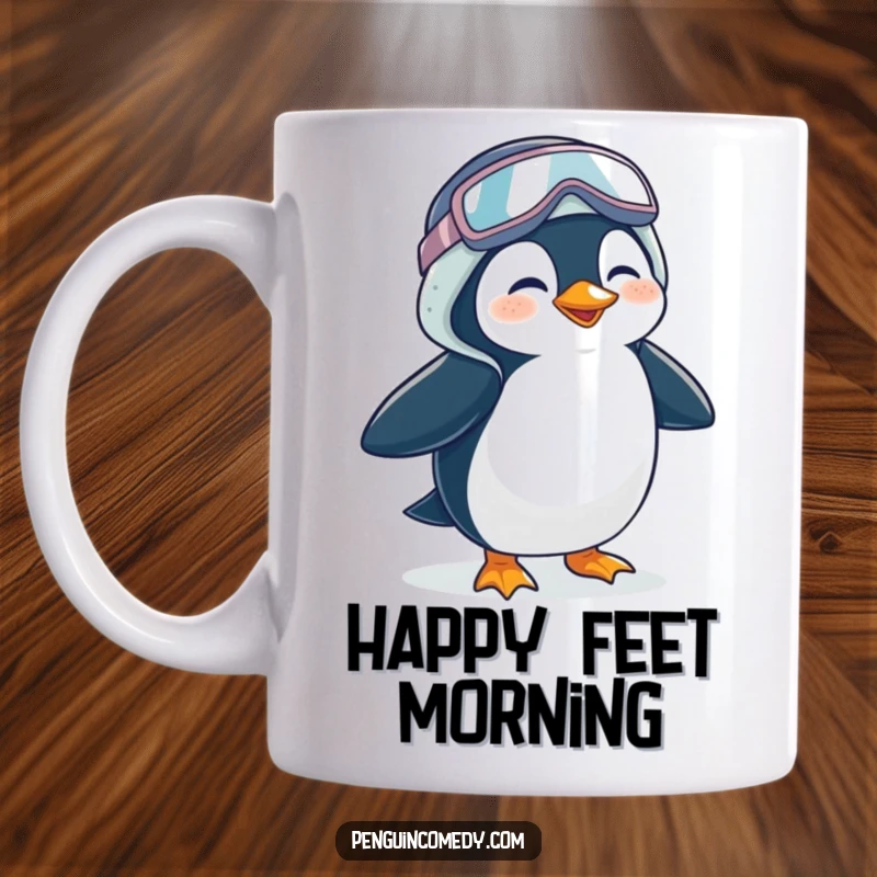 Funny Penguin Mug: A giggling penguin comically waddles along wearing oversized galoshes, showcasing pure, unadulterated joy.