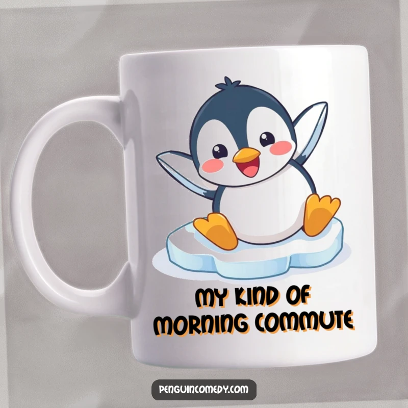 Funny mug featuring a joyful penguin comically sliding headfirst across a glistening ice surface with pure glee.