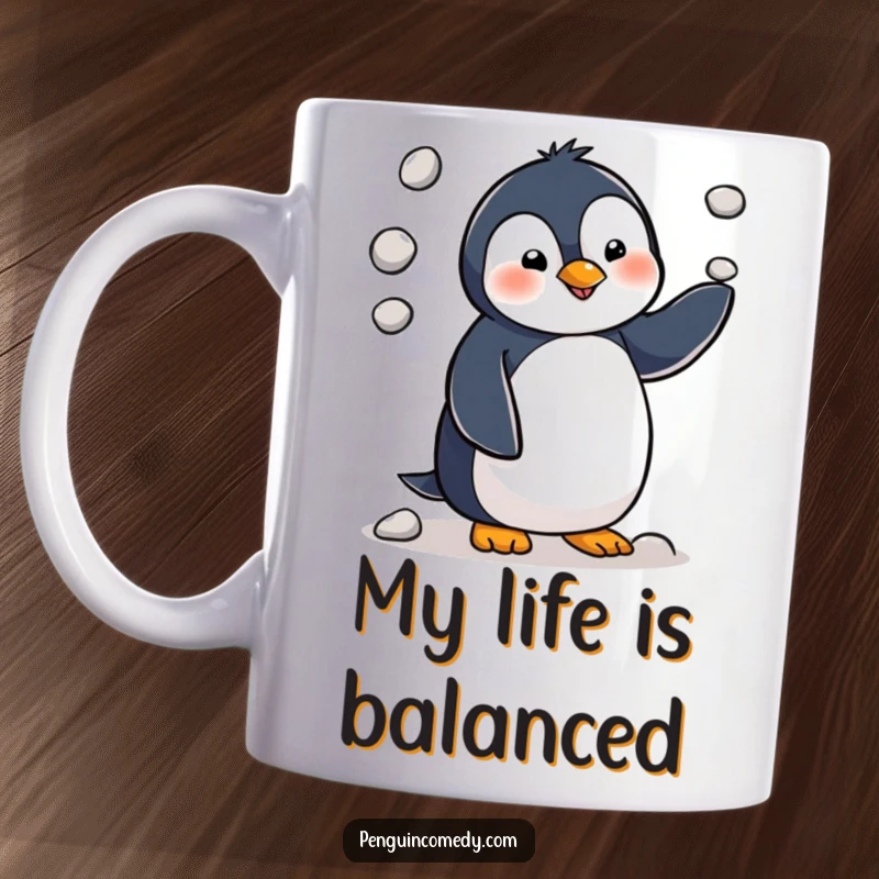 Funny penguin character humorously attempting to juggle three small pebbles, looking slightly overwhelmed but determined on this mug.