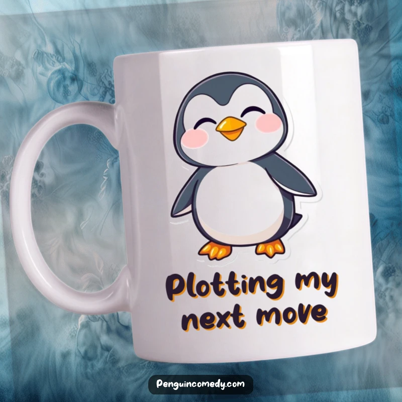 Funny penguin character giving a sly, mischievous grin while looking sideways, exuding playful cunning on this ceramic mug.