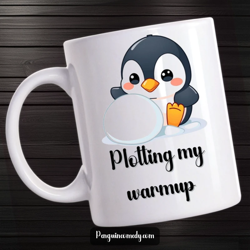 Funny mug featuring a mischievous penguin peeking from behind a snowball, a playful and humorous gift.