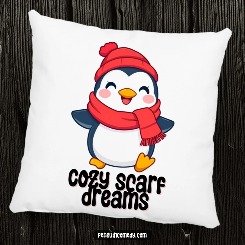 Funny penguin scarf pillow, a plush cushion featuring a cheerful bird with a red scarf, perfect for cozying up.