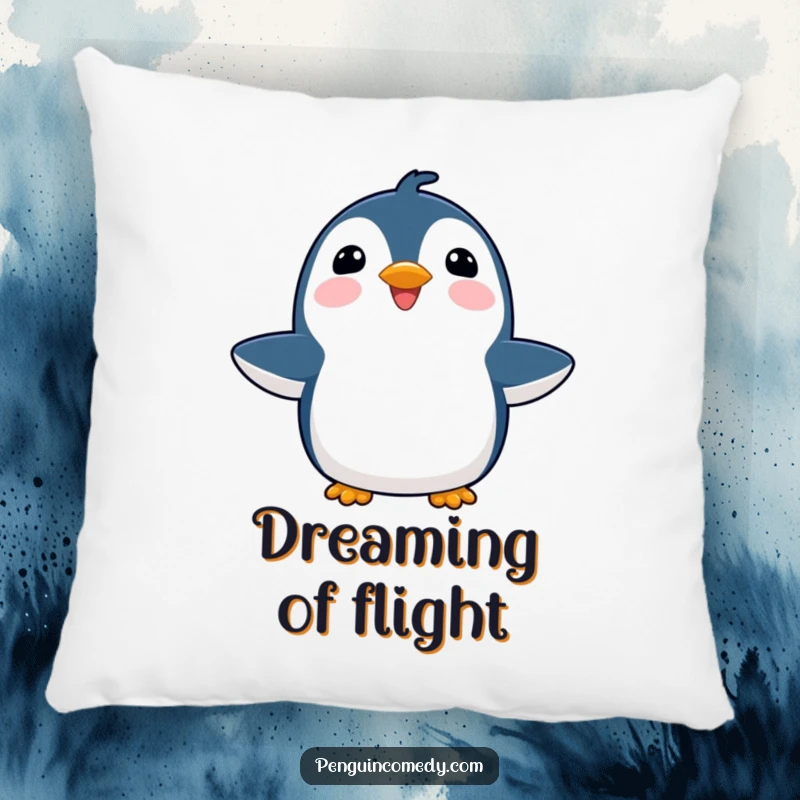 Funny joyful penguin pillow, a plush cushion featuring a happy bird with flippers outstretched, perfect for cozying up.