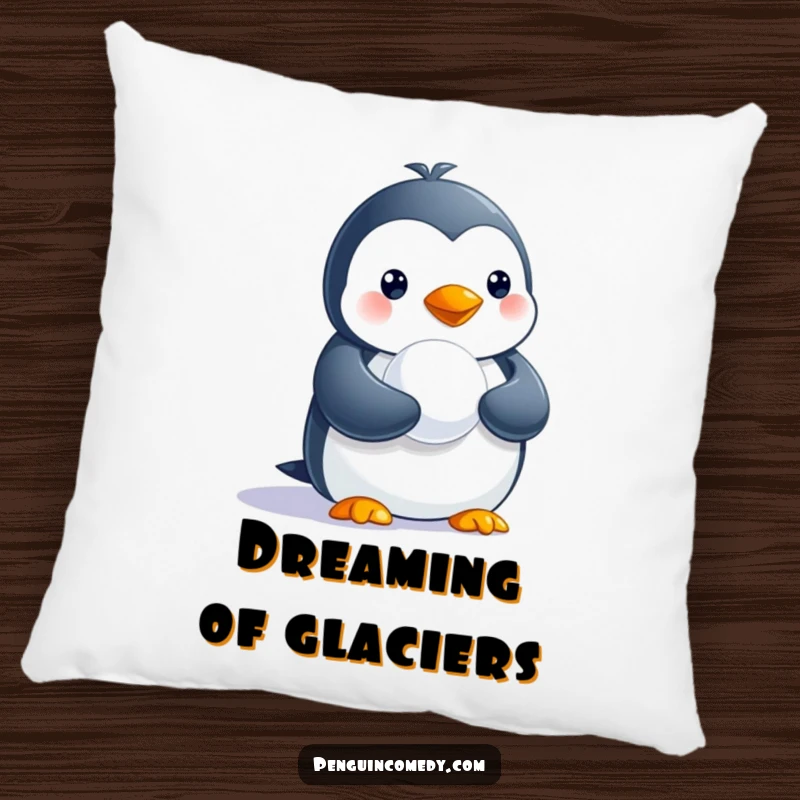 Funny pillow with a cute penguin holding a tiny snowball, designed for comfort and humorous decor.
