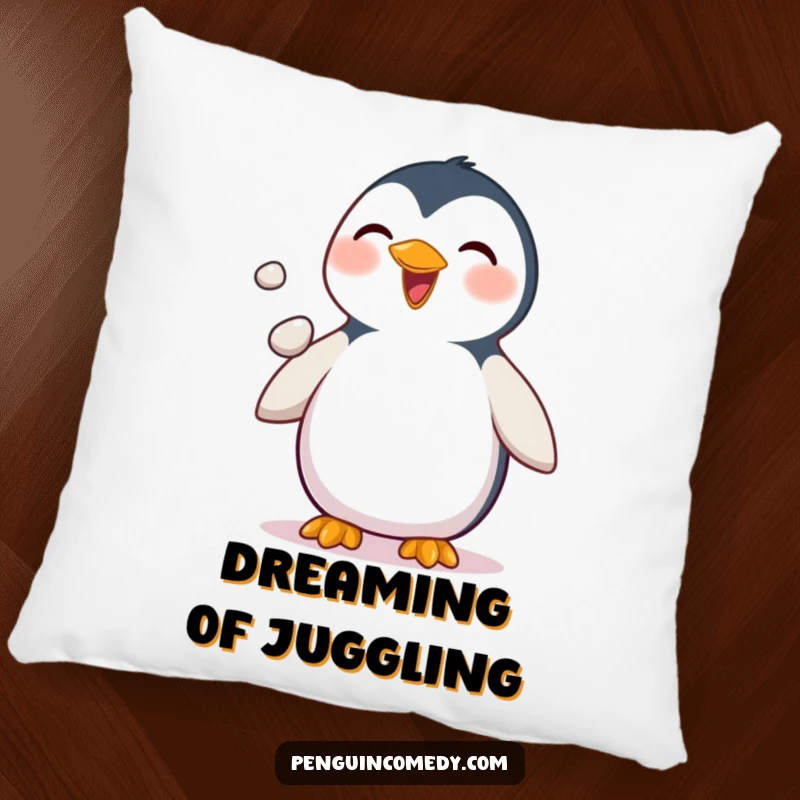 Funny Penguin Pillow: A soft pillow featuring a delighted penguin juggling pebbles, adding playful comfort and humor to any seating area.