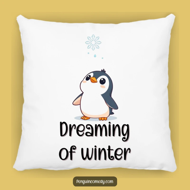 Rest your head on a moment of winter magic with this funny pillow, featuring a penguin entranced by a snowflake. Soft and delightfully charming.