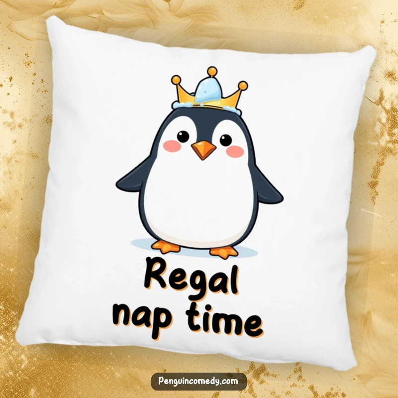Funny pillow showcasing a happy penguin with an ice crown, soft and humorous, a decorative gift.