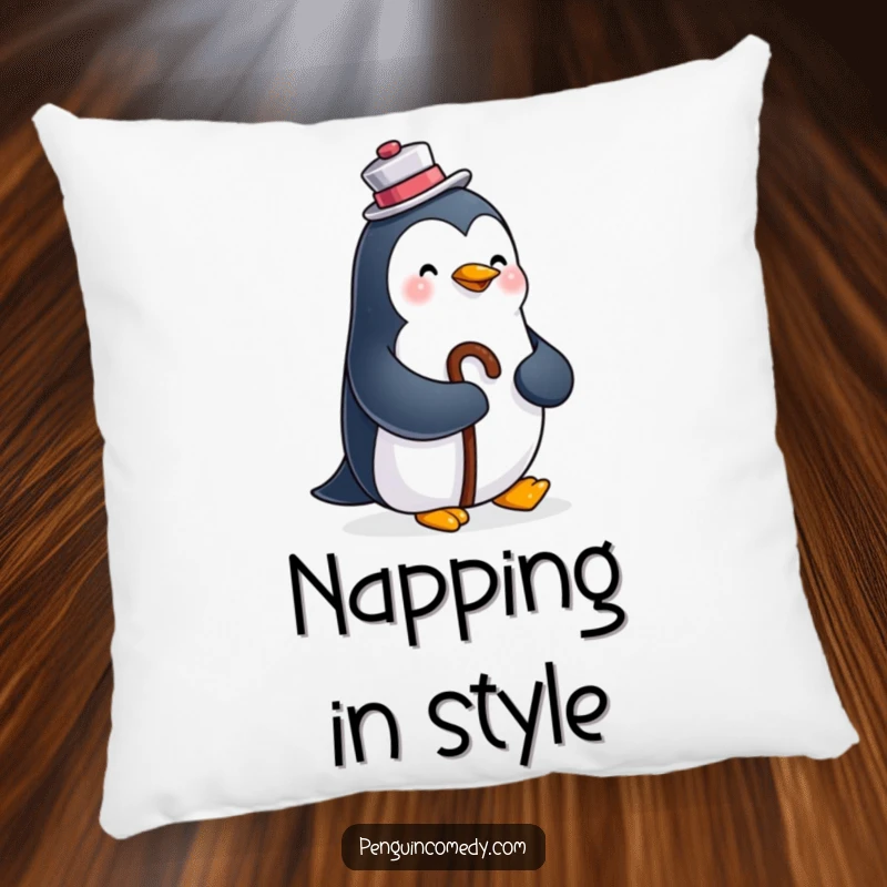 Funny decorative pillow showcasing a happy penguin in a top hat and cane, offering plush comfort and dapper style.