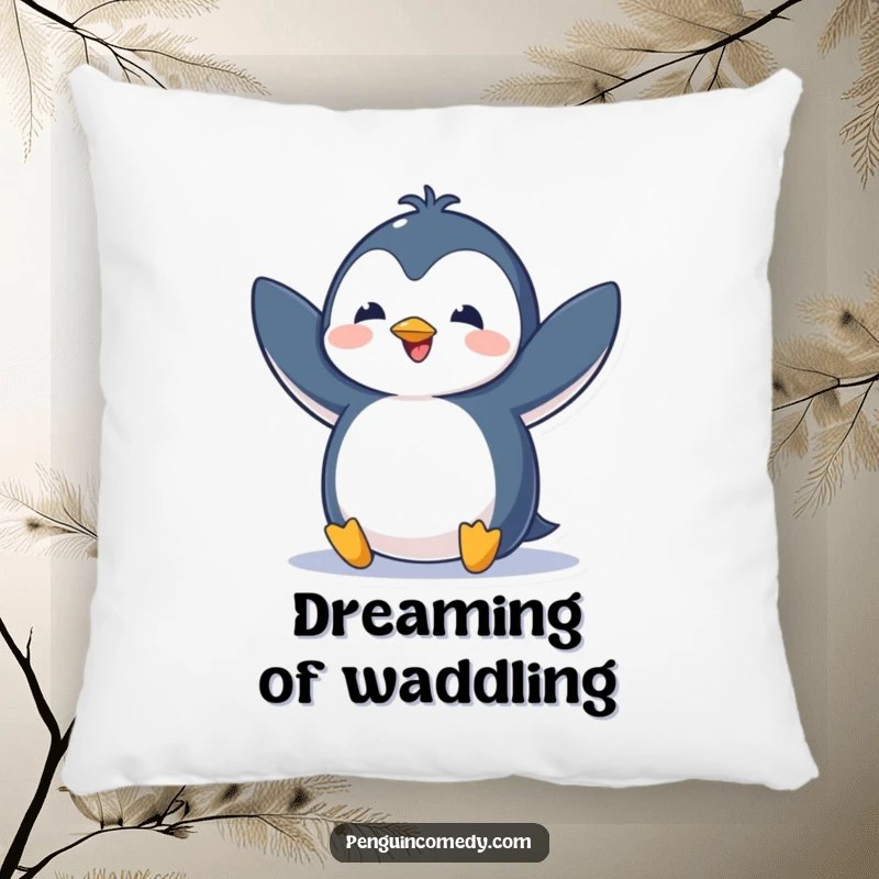 Funny pillow featuring a penguin flapping its wings with excitement, perfect for adding a cheerful and cozy touch.