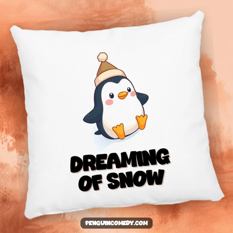 Funny Penguin Hat Pillow: A soft cushion featuring a cute penguin in a tiny hat sliding down an icy slope, perfect for cozying up.