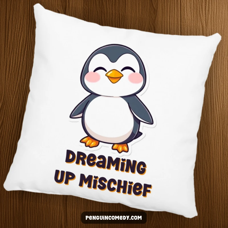 Funny penguin character with a sly, mischievous sideways grin, embodying playful secrets on this comfortable and decorative pillow.