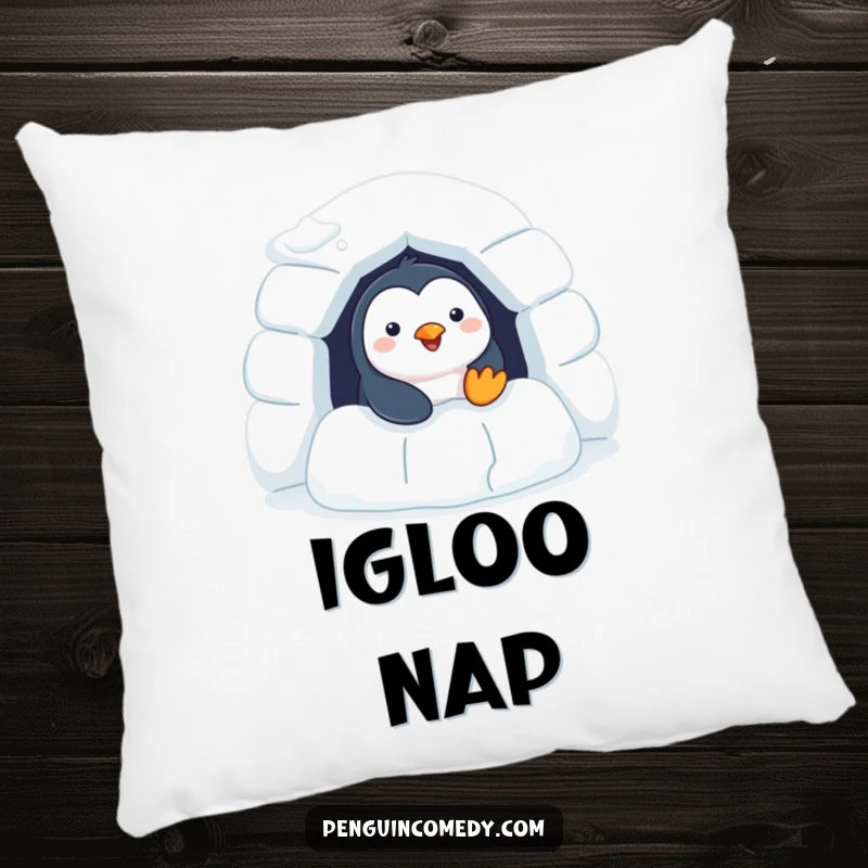 Funny Penguin Pillow featuring a cheerful penguin peeking from an igloo, offering comfort and arctic charm.