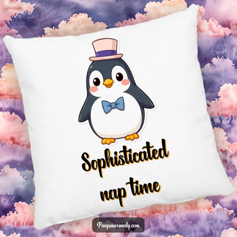 Funny Pillow: A distinguished penguin character wearing a top hat and bowtie, perfect for cozy, stylish comfort.