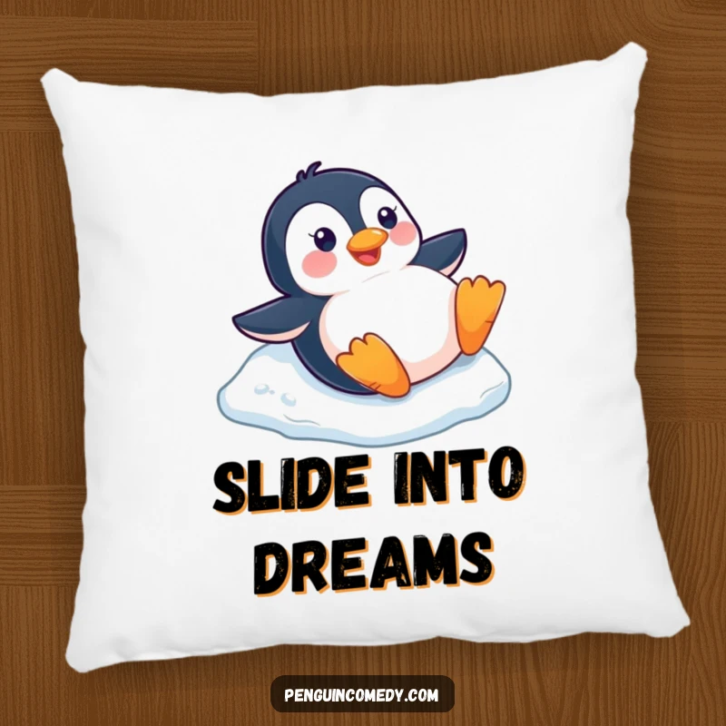 Funny happy penguin sliding down a small ice slope on its belly, designed for comfort on a cozy winter pillow.