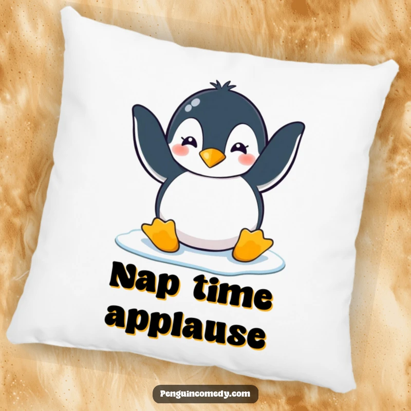 Funny penguin clapping playfully with flippers on ice, designed for a comfortable and funny pillow gift.