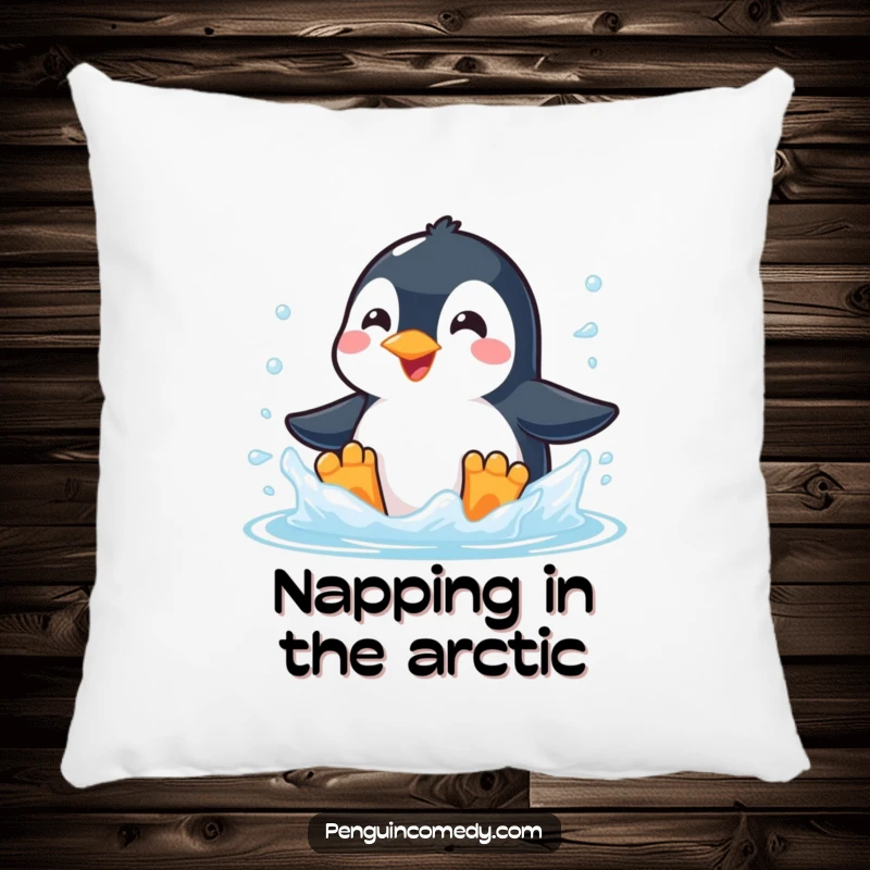 Funny decorative pillow featuring a happy penguin with an enormous smile enthusiastically splashing in crisp, icy water.
