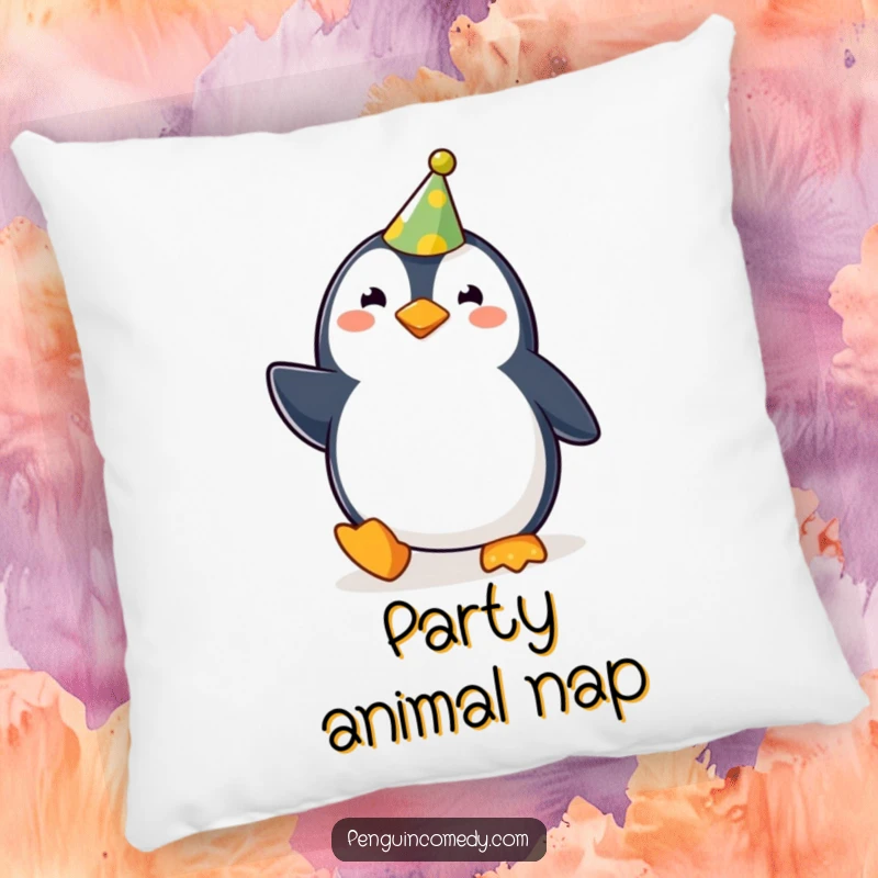 Funny cute penguin wearing a party hat, waddling joyfully, designed for a comfortable and funny pillow gift.