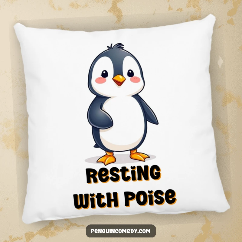 Funny penguin character demonstrating perfect balance on one foot, bringing a sense of calm and stability to this plush pillow.