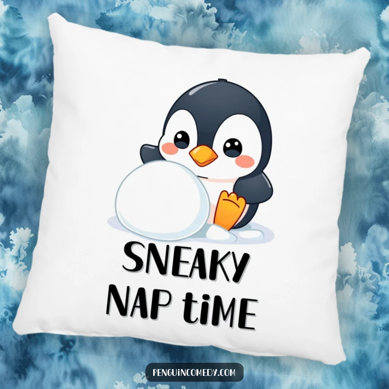 Funny pillow with a mischievous penguin peeking from behind a snowball, soft and humorous, a gift.