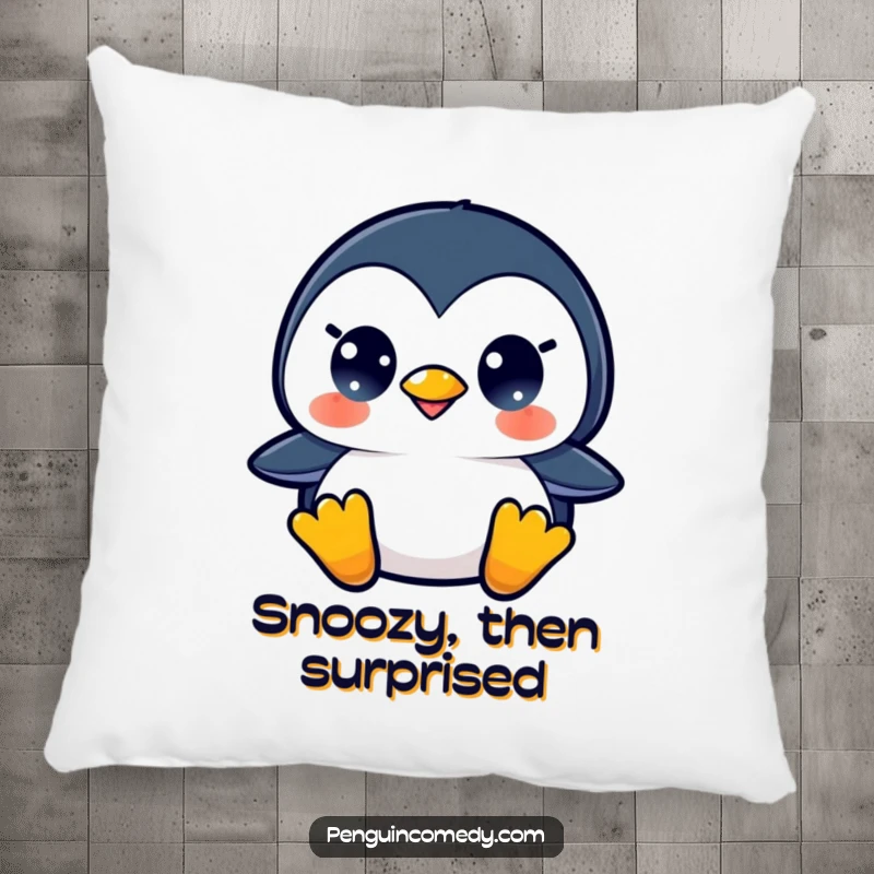 Funny pillow with a surprised penguin design, offering comfort and humor, a great decorative gift.