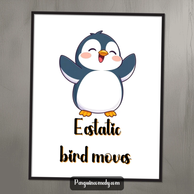 Funny digital art print of a penguin exuberantly flapping its flippers, symbolizing pure joy and perfect for instant, cheerful decor.