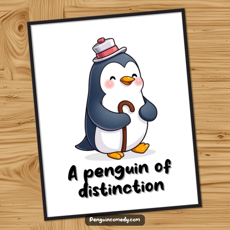 Funny digital art print of a happy penguin wearing a top hat and holding a cane, offering downloadable dapper humor.
