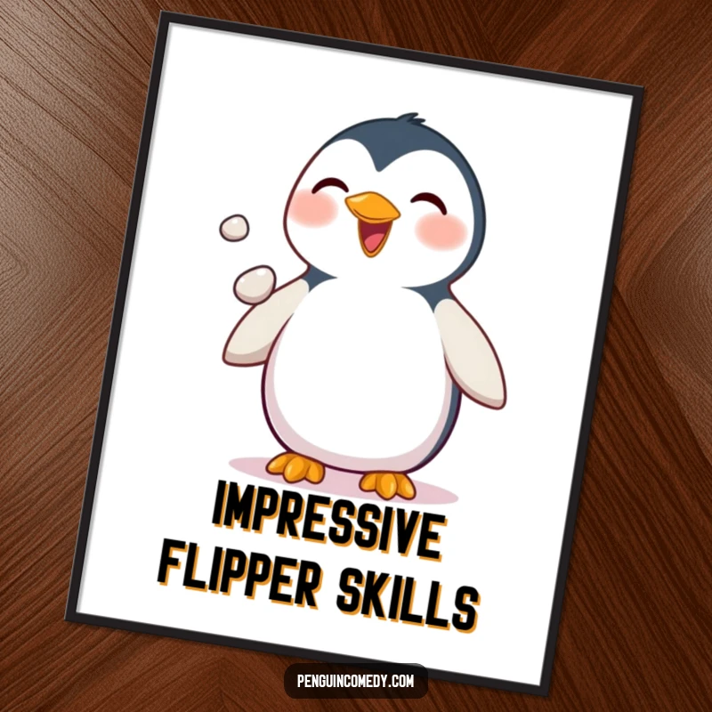Funny Penguin Digital Art Print: A downloadable artwork of a delighted penguin juggling pebbles, adding playful arctic charm and humor.