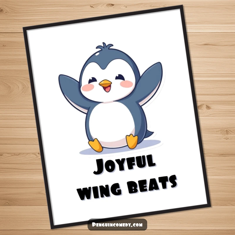 Funny digital art print of a penguin flapping its wings with pure excitement, perfect for vibrant and joyous wall decor.