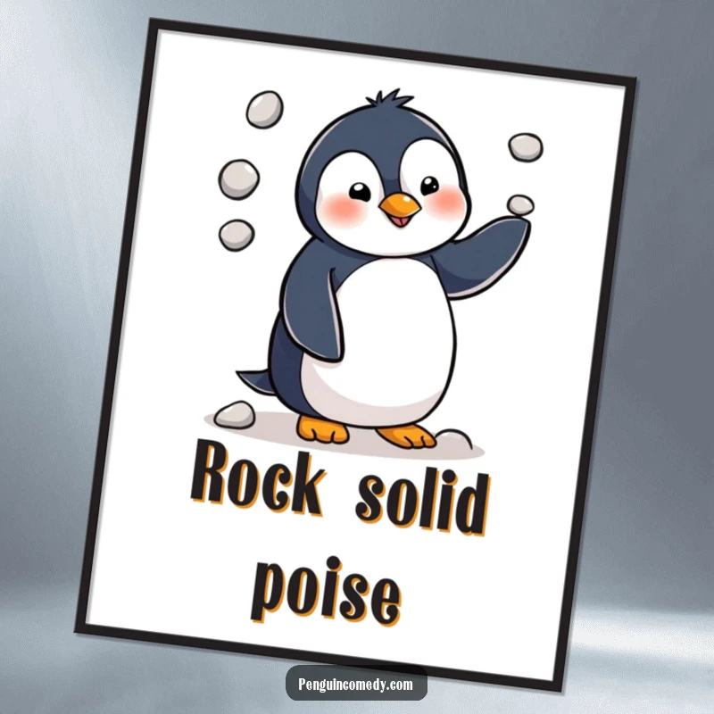 Funny penguin character in the midst of juggling, with three small pebbles flying, creating a comical and dynamic digital art piece.