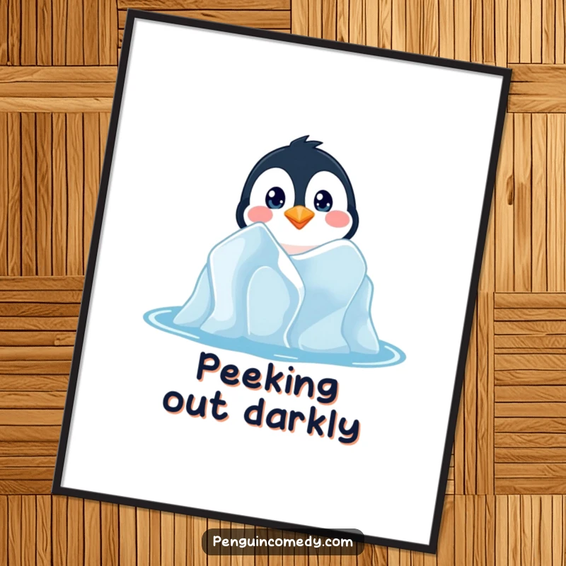 Funny digital art print of a penguin peeking from an iceberg, offering a humorous and charming visual for instant decor.
