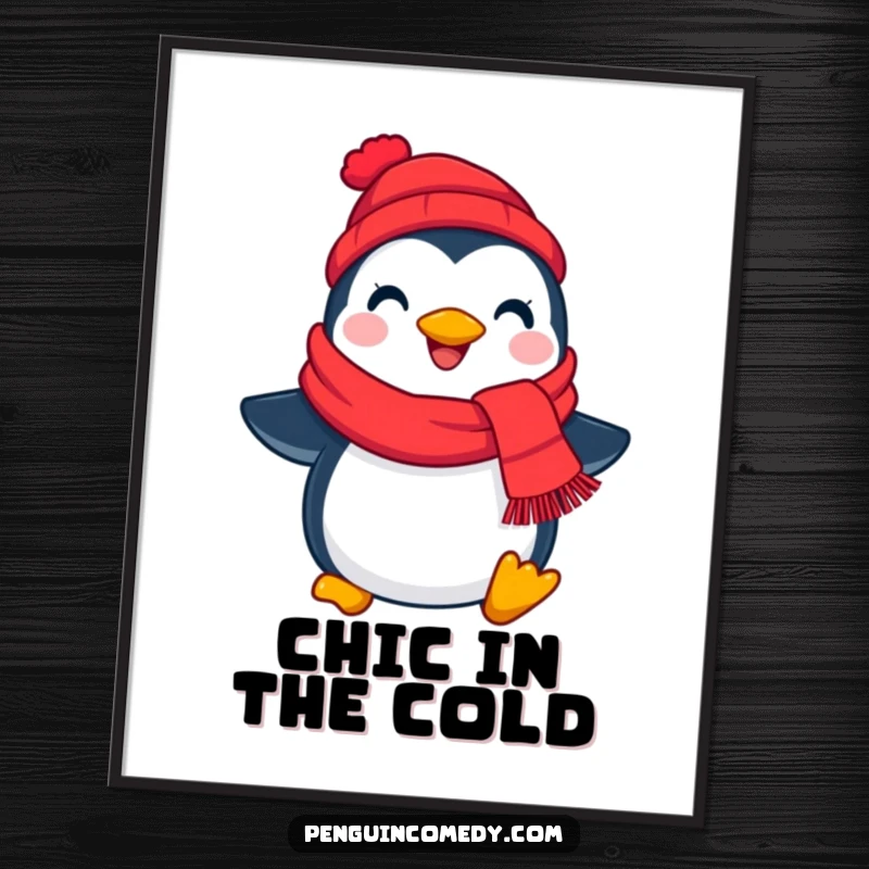 Funny cheerful penguin scarf digital art print, a cute bird holding a red scarf, radiating winter happiness for decor.