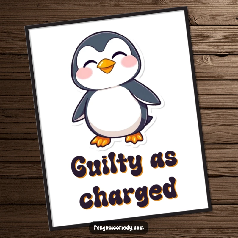 Funny penguin character with a captivating mischievous sideways grin, exuding playful intent in this downloadable digital art.