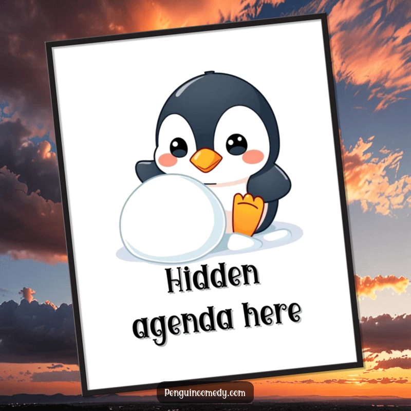 Funny digital art print of a mischievous penguin peeking, downloadable for instant playful decor, a gift.