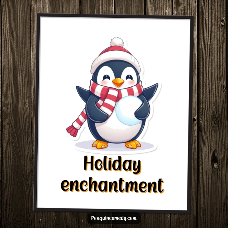 Funny Penguin Digital Art Print of a penguin in a festive scarf holding a glowing snowball, capturing pure winter magic and charm.