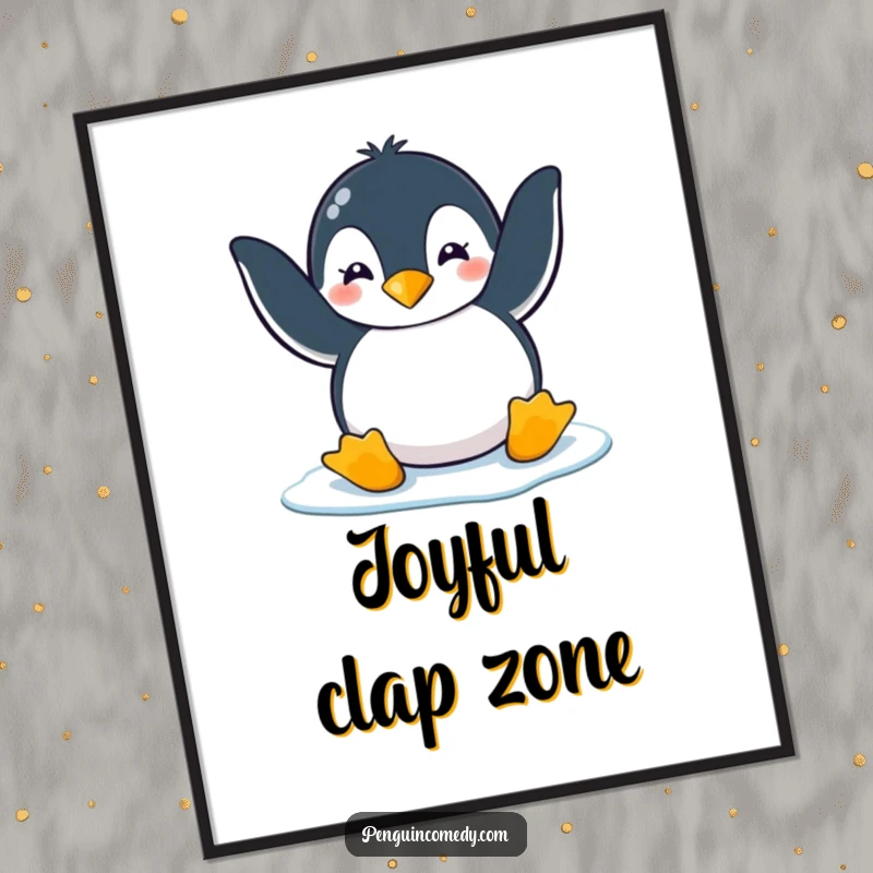 Funny penguin clapping playfully with flippers on ice, available as an instant download funny digital art print gift.