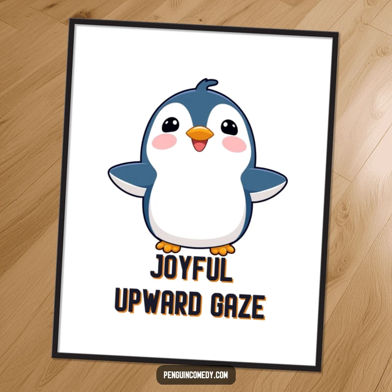 Funny joyful penguin digital art print, with flippers outstretched towards the sky, radiating pure happiness and optimism.