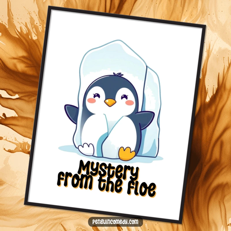Funny digital art print of a grinning penguin peeking from behind a large iceberg, evoking arctic charm and humor.