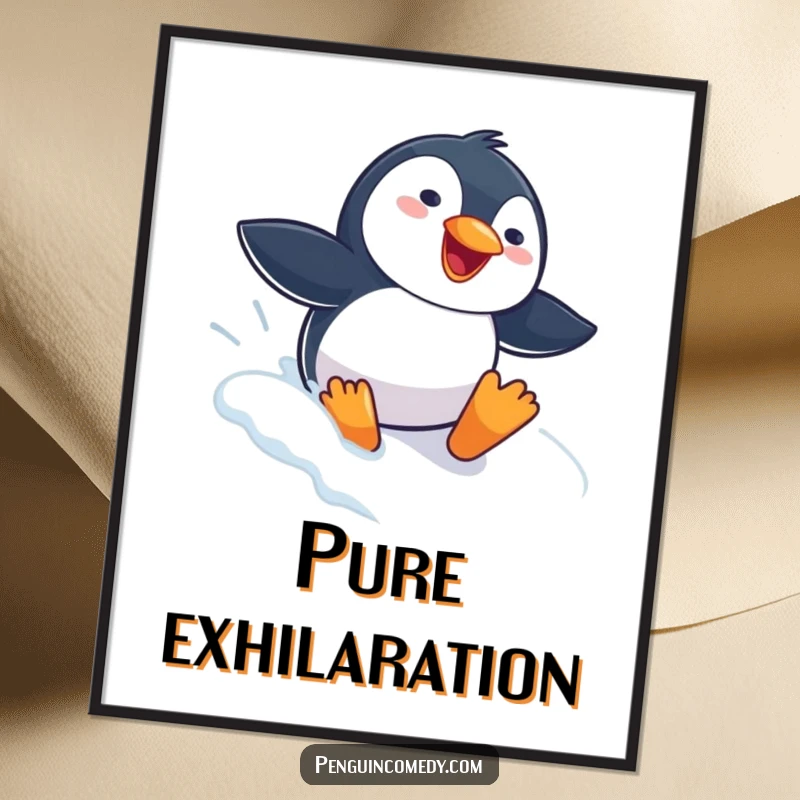 Funny Penguin Digital Art Print of a gleeful penguin sliding headfirst down a snowy slope, capturing pure winter joy and happiness.