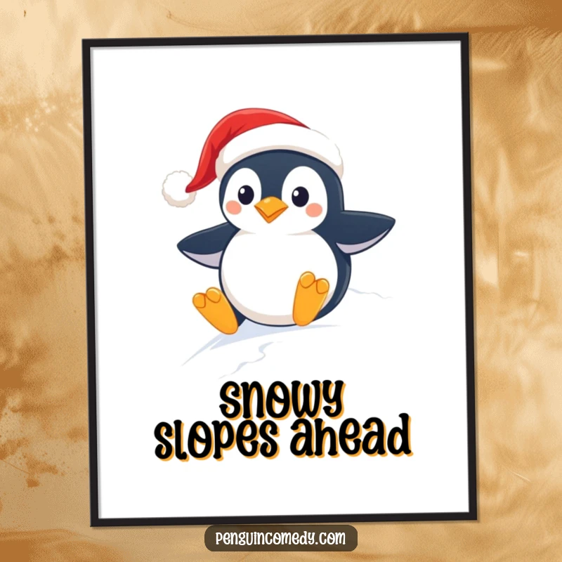 Funny digital art print of a penguin in a Santa hat joyfully sliding downhill on a snow-covered slope, evoking Christmas spirit.