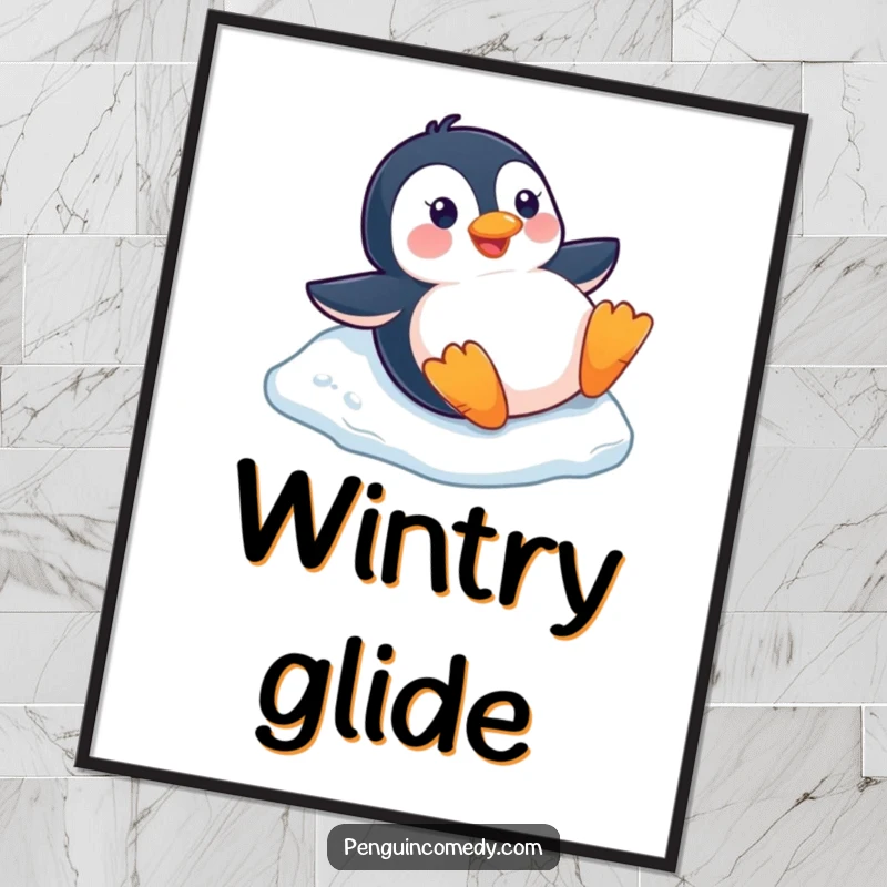 Funny happy penguin sliding down a small ice slope on its belly, available as a fun winter digital art print.