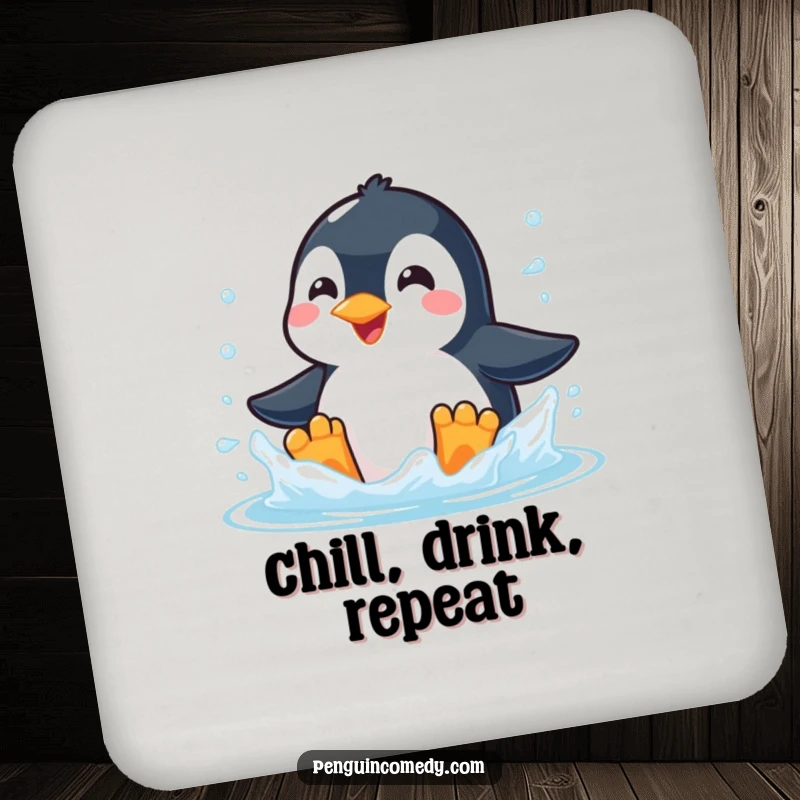 Funny drinking coaster featuring a penguin with a wide grin splashing happily in cold, icy water with great enthusiasm.