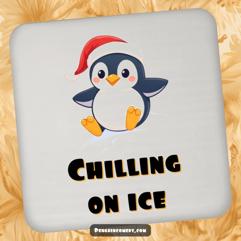Funny drinking coaster featuring a penguin wearing a Santa hat, sliding down a snowy slope with Christmas joy.