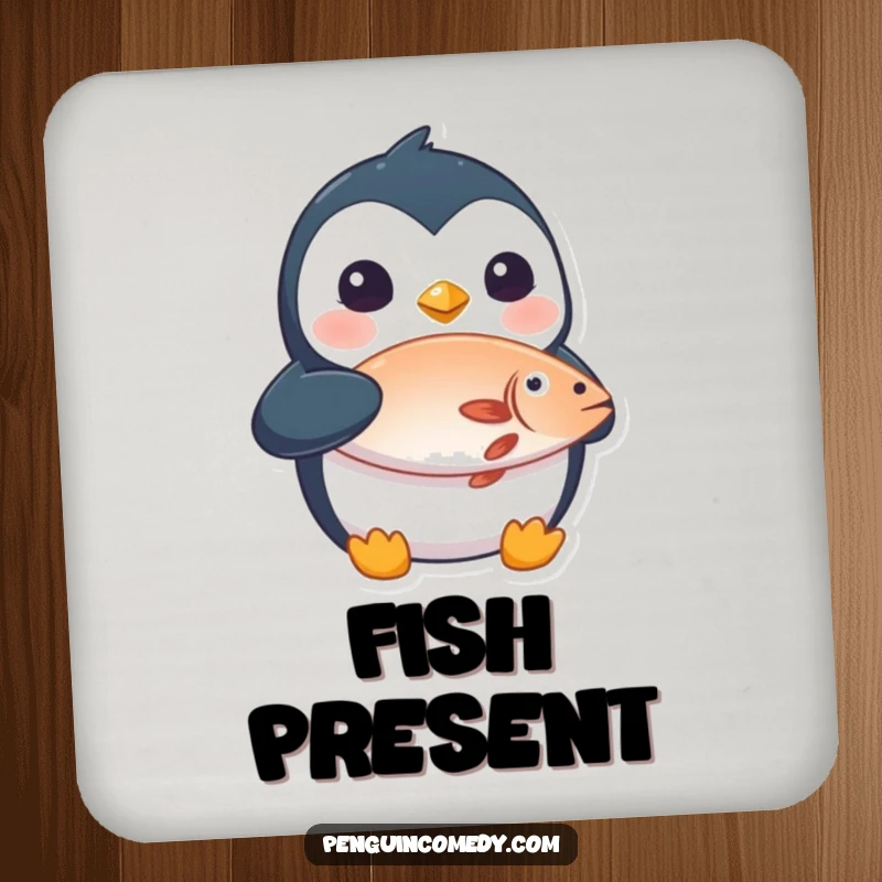 Funny drink coasters featuring a surprised penguin with a fish, protecting surfaces with a humorous design.